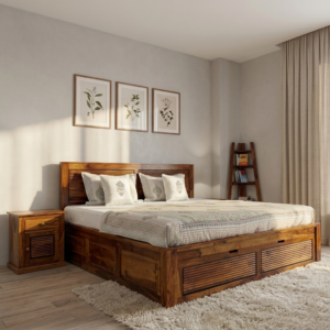 Haven Sheesham Wood Bed With Slide Storage King Size- Honey Finish