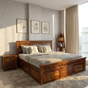 Adorion Sheesham Wood Bed With Slide Storage King Size- Honey Finish