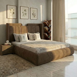 Falcon Upholstered Bed With Hydraulic Storage (Queen Size Cognac Brown)