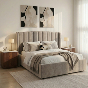 Fidelio Luxe Upholstered Hydraulic Storage Bed with High-Rise Headboard (Queen Size, Silver Fabric)