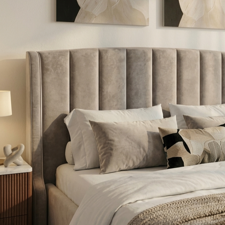 Fidelio Luxe Upholstered Hydraulic Storage Bed with High-Rise Headboard (Queen Size, Silver Fabric) - Image 3
