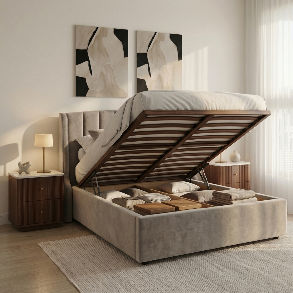 Fidelio Luxe Upholstered Hydraulic Storage Bed with High-Rise Headboard (Queen Size, Silver Fabric) - Image 4