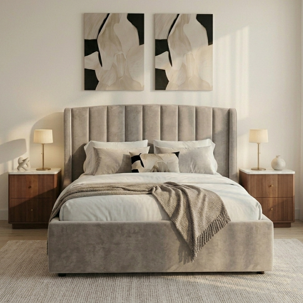 Fidelio Luxe Upholstered Hydraulic Storage Bed with High-Rise Headboard (Queen Size, Silver Fabric) - Image 2