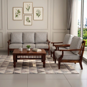 Raevik 3+1+1 Sheesham Wood Sofa Set (Warm Greige Fabric)