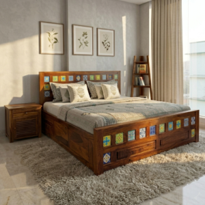 Morocco Sheesham Wood Bed With Storage King Size- Honey Finish