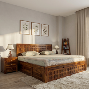 Orvella Sheesham Wood Bed With Slide Storage King Size- Honey Finish
