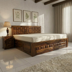 Monarch Sheesham Wood Bed With Slide Storage King Size- Honey Finish