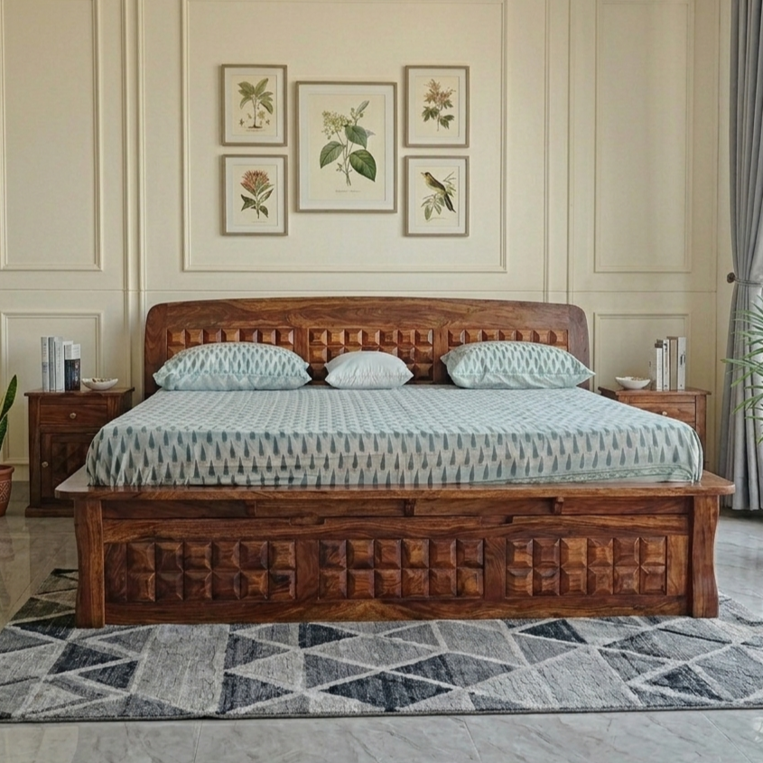 Regalia Sheesham Wood Bed With Slide Storage King Size- Honey Finish - Image 2