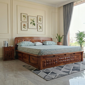 Regalia Sheesham Wood Bed With Slide Storage King Size- Honey Finish