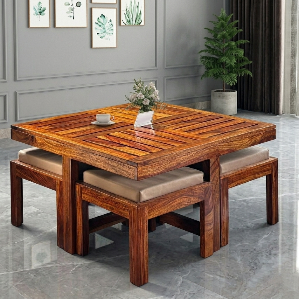 Rezel Sheesham Wood Coffee Table with Four Cushioned Stools-Honey Finish - Image 2