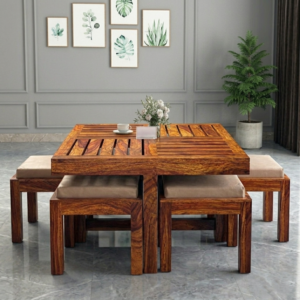 Rezel Sheesham Wood Coffee Table with Four Cushioned Stools-Honey Finish