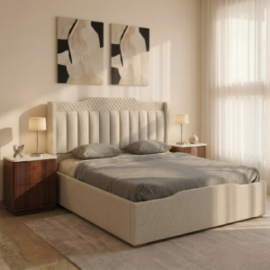 Serenity Upholstered Bed With Box Storage (King Size, Beige Fabric)