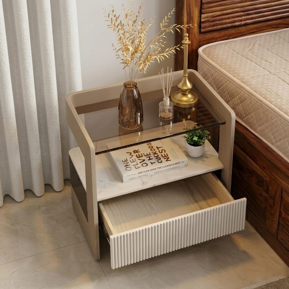 Veloura Luxe Bedside Table with Single Drawer (Pu Leather Finish) - Image 2