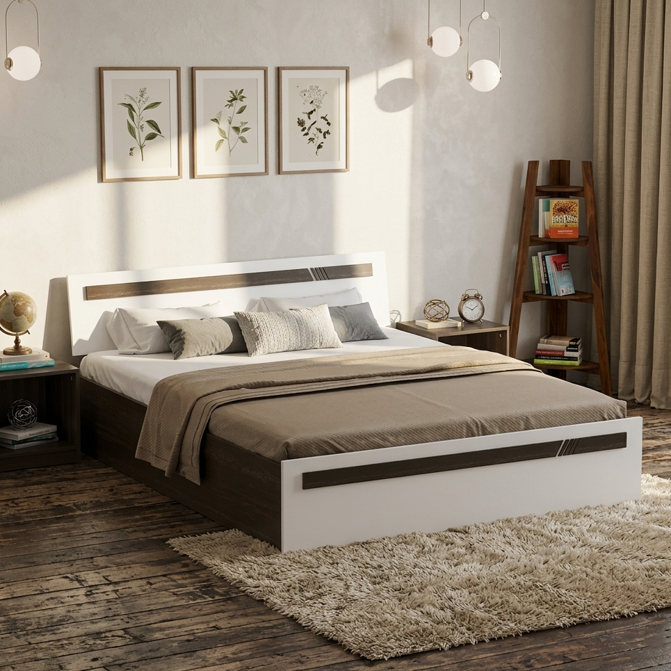 Polvian Engineered Wood Bed with Box Storage (White Finish)