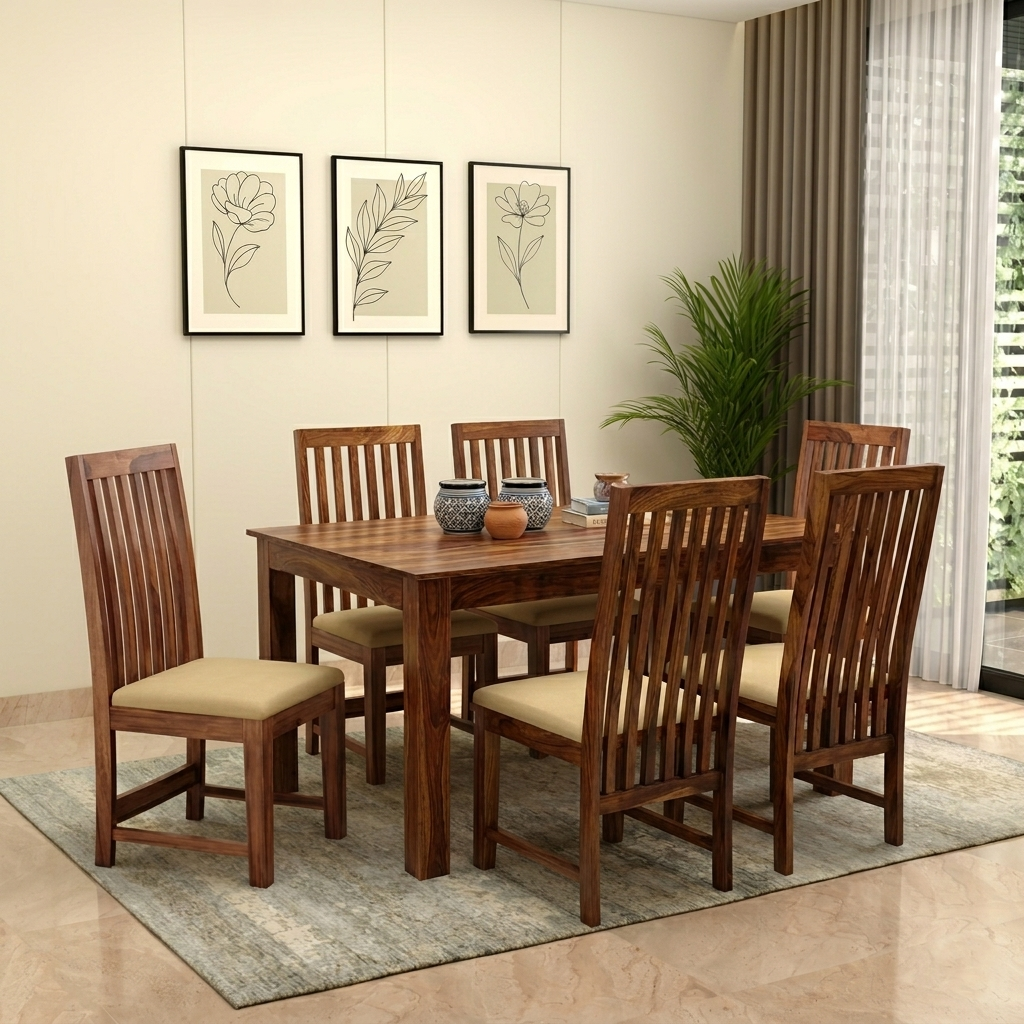 Averon Sheesham Wood 6 Seater Dining Set with Averon Table and Nova Cushioned Chair (Honey Finish)