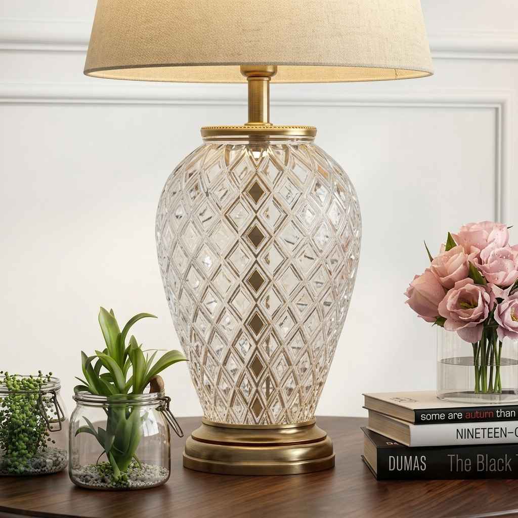 Crystal Diamond Cut Glass and Pure Brass Table Lamp - Image 4