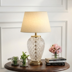 Crystal Diamond Cut Glass and Pure Brass Table Lamp