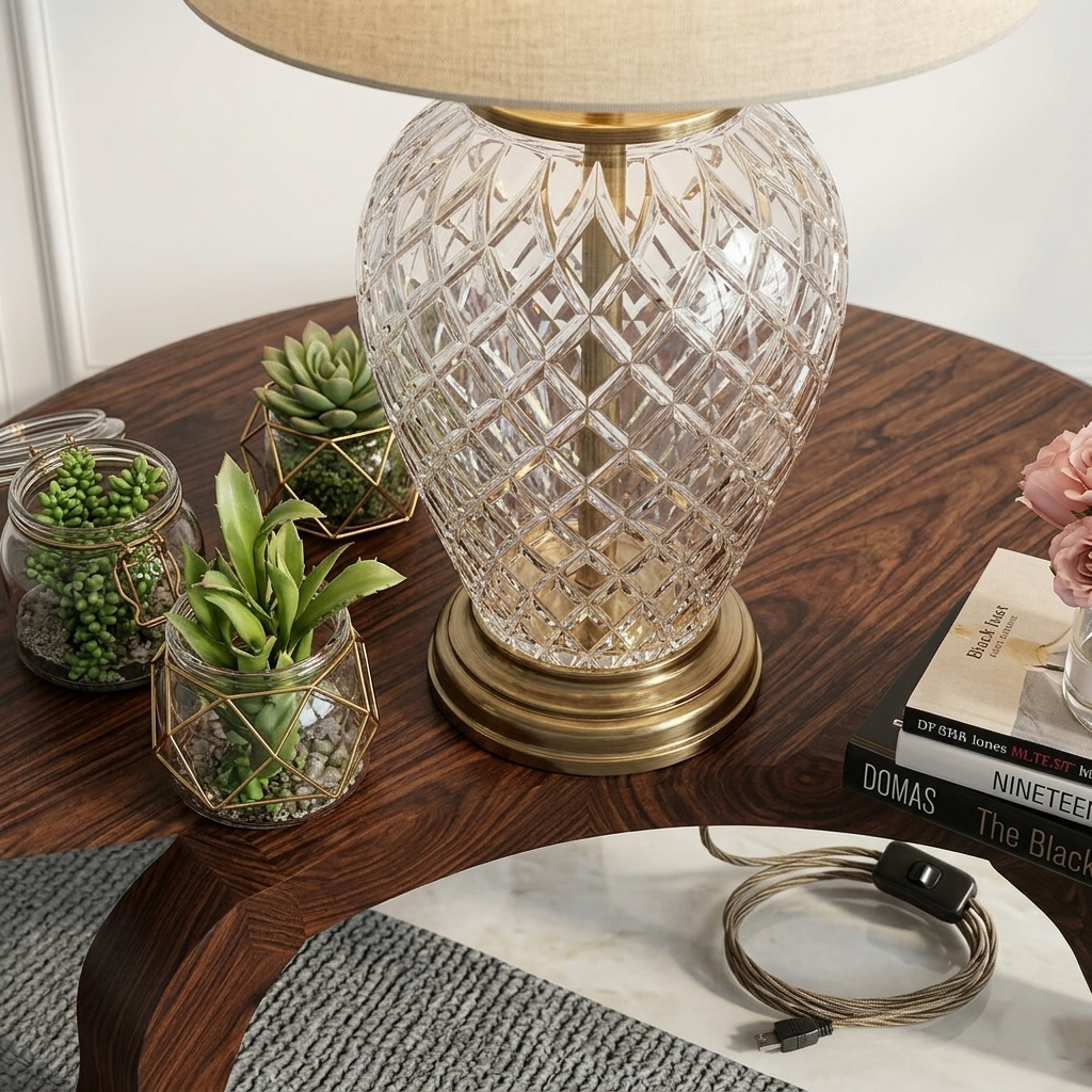 Crystal Diamond Cut Glass and Pure Brass Table Lamp - Image 3