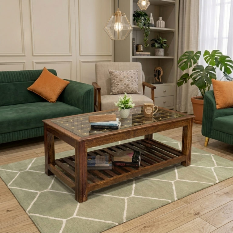 Mayur Glass Top Coffee Table (Honey Finish) - Sheesham Wood (2)