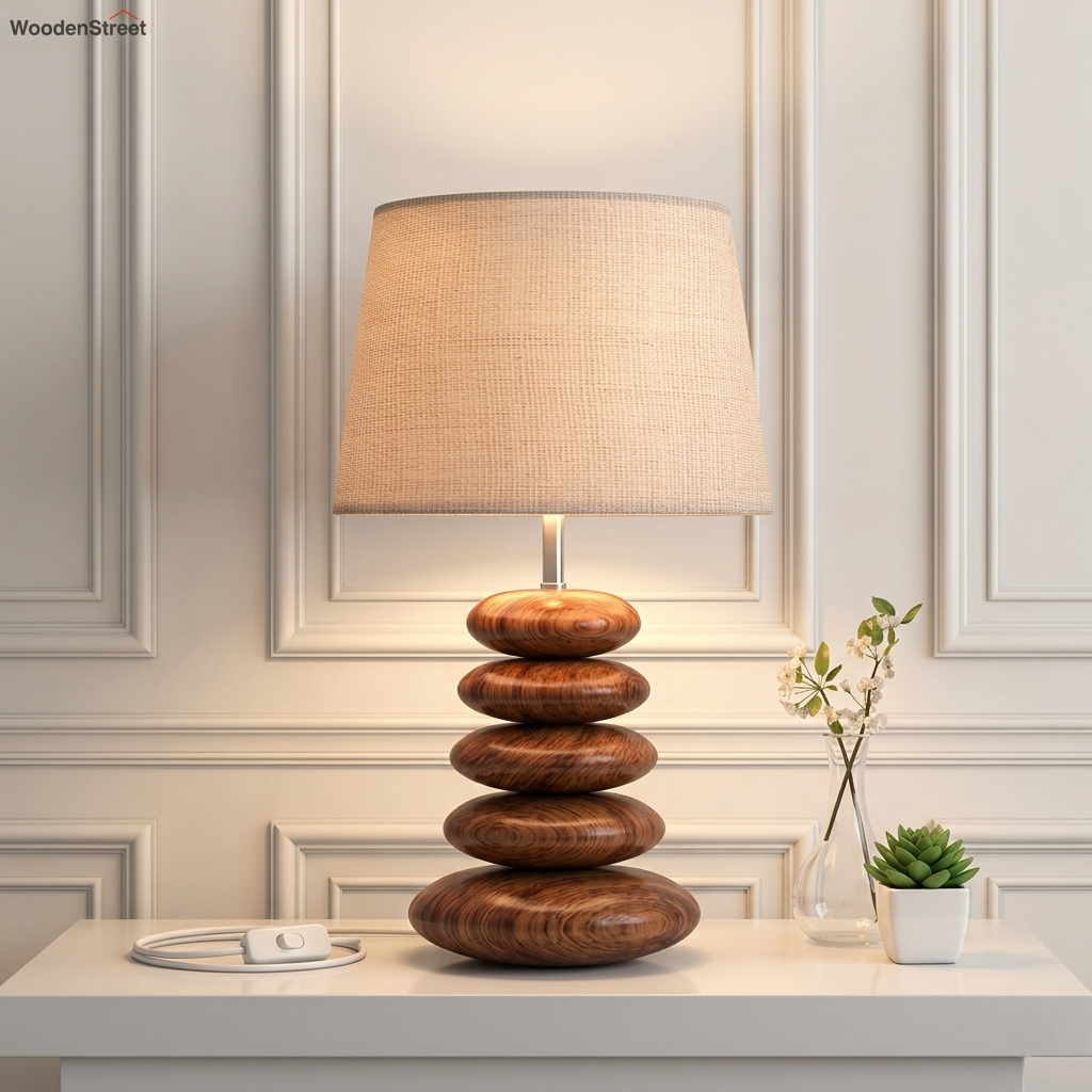 Terra Luxe Wooden Polished Pebble Table Lamp off white