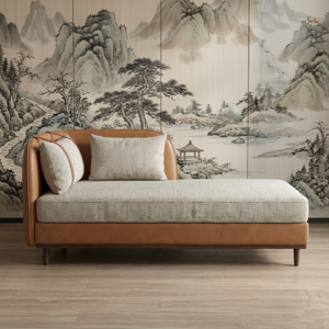 Velluto Chaise Lounge with Two Cushion (Sand Beige + Tan Leatherette Finish)