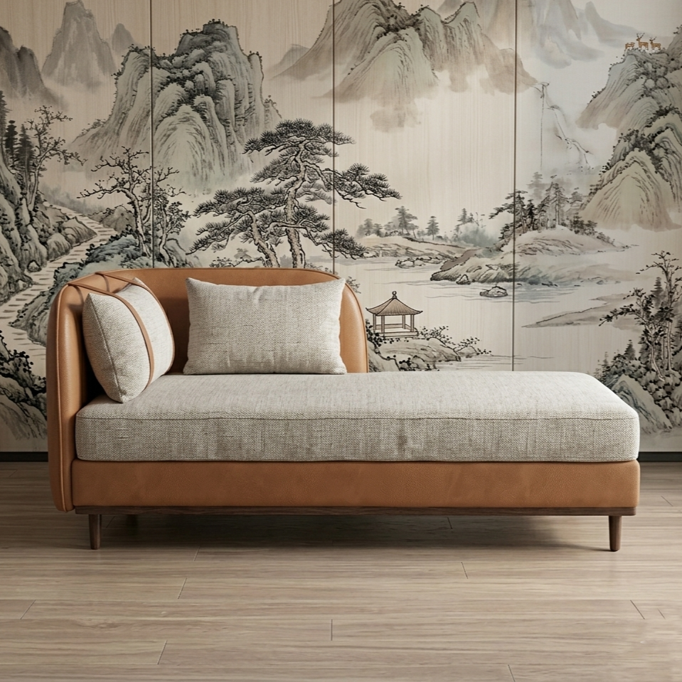 Velluto Chaise Lounge with Two Cushion (Sand Beige + Tan Leatherette Finish)